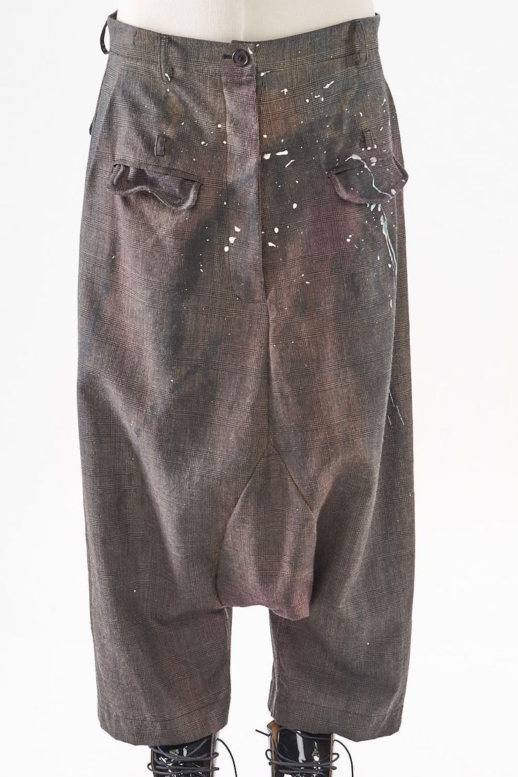 handbemalte und lässige karo-woll-hose mit festem bund und tiefem schritt