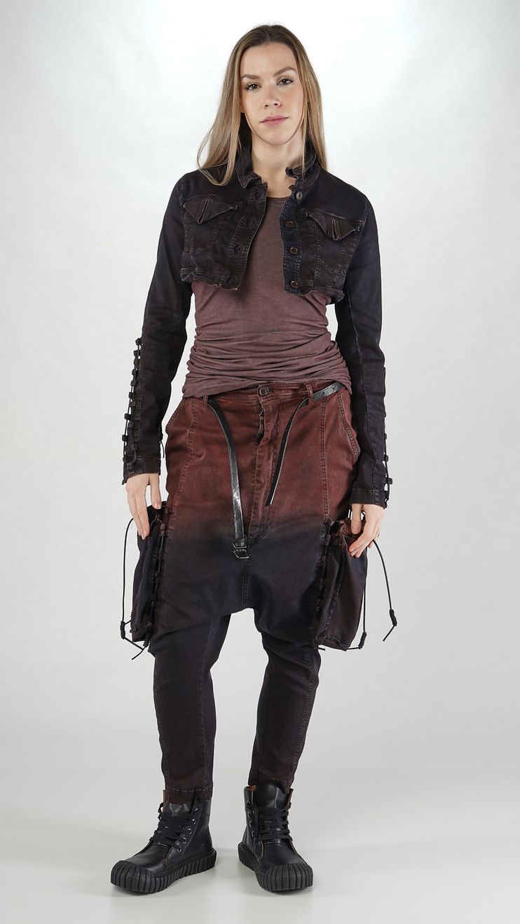 kurze bicolor stretch denim jacke mit lederschnürung